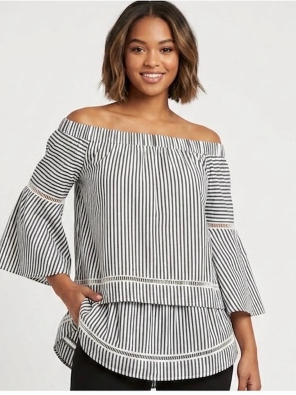 Wonder Lust LA Off the shoulder white striped top with flared sleeves Size M